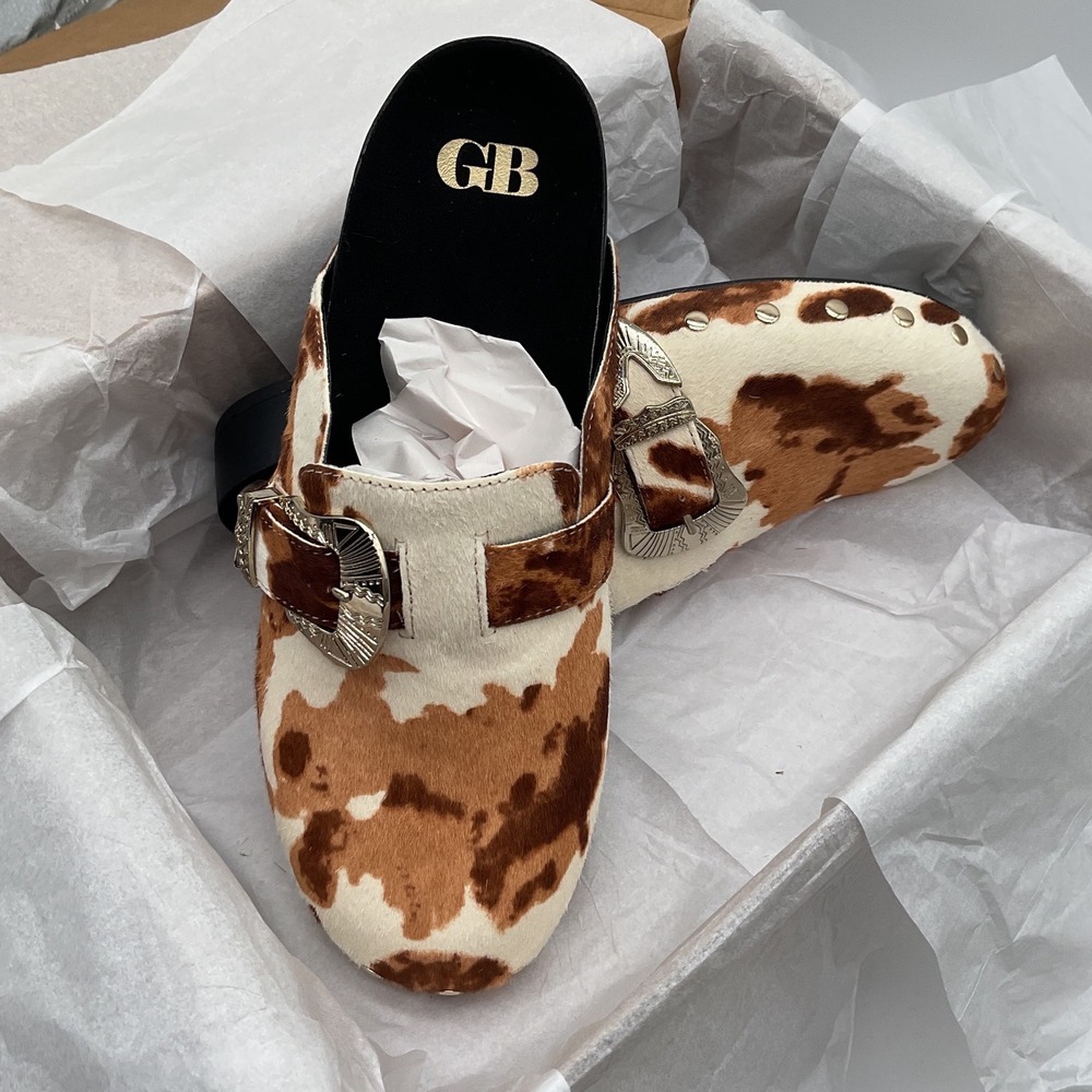 Gianni Bini Cow Print Hair Calf Western Buckle Clogs Mules Brown White 8.5M - Picture 2 of 9